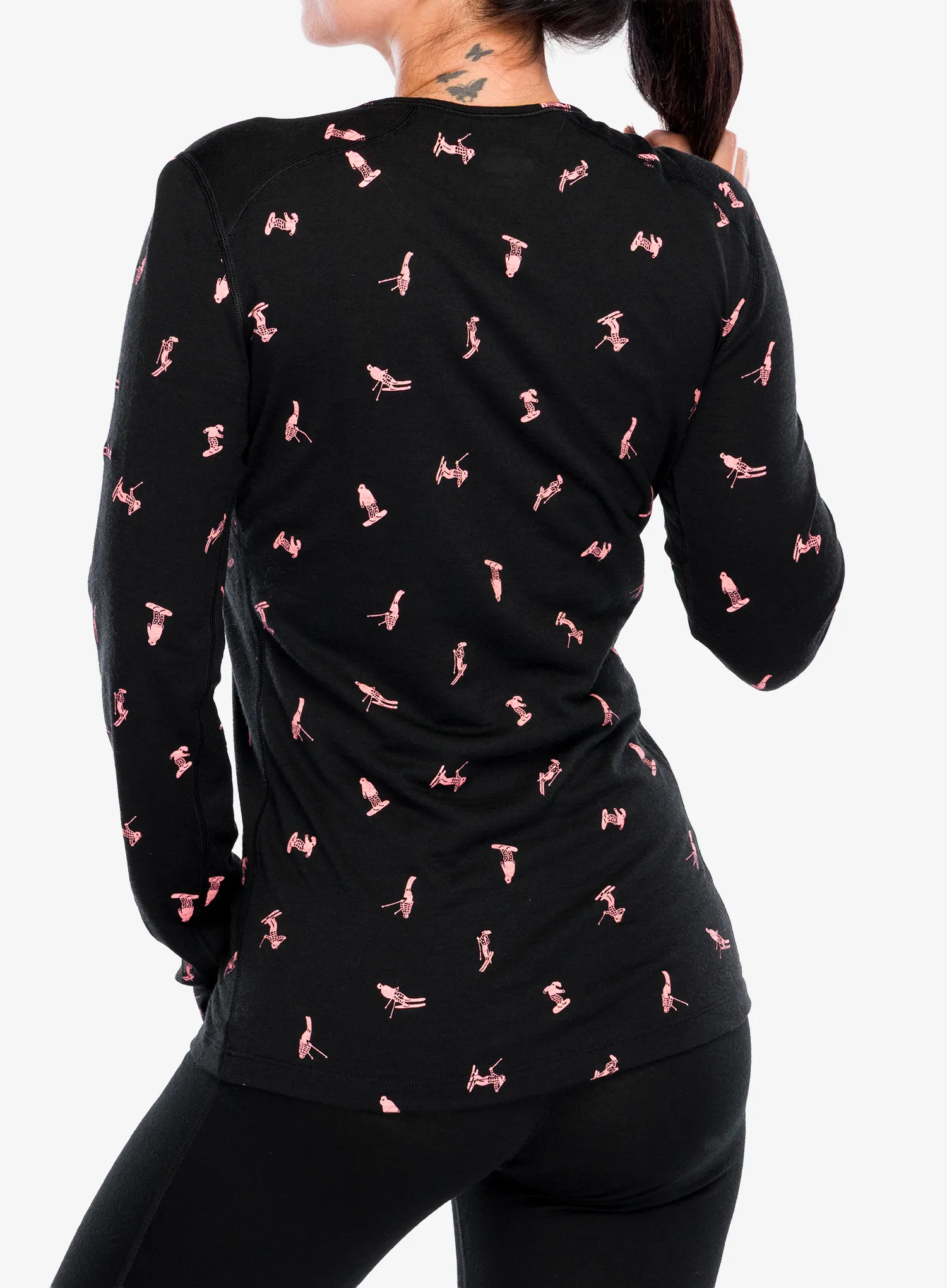 Icebreaker Merino 200 Oasis LS Crewe Ski Day Termoaktív női felső - black/acid pink/aop