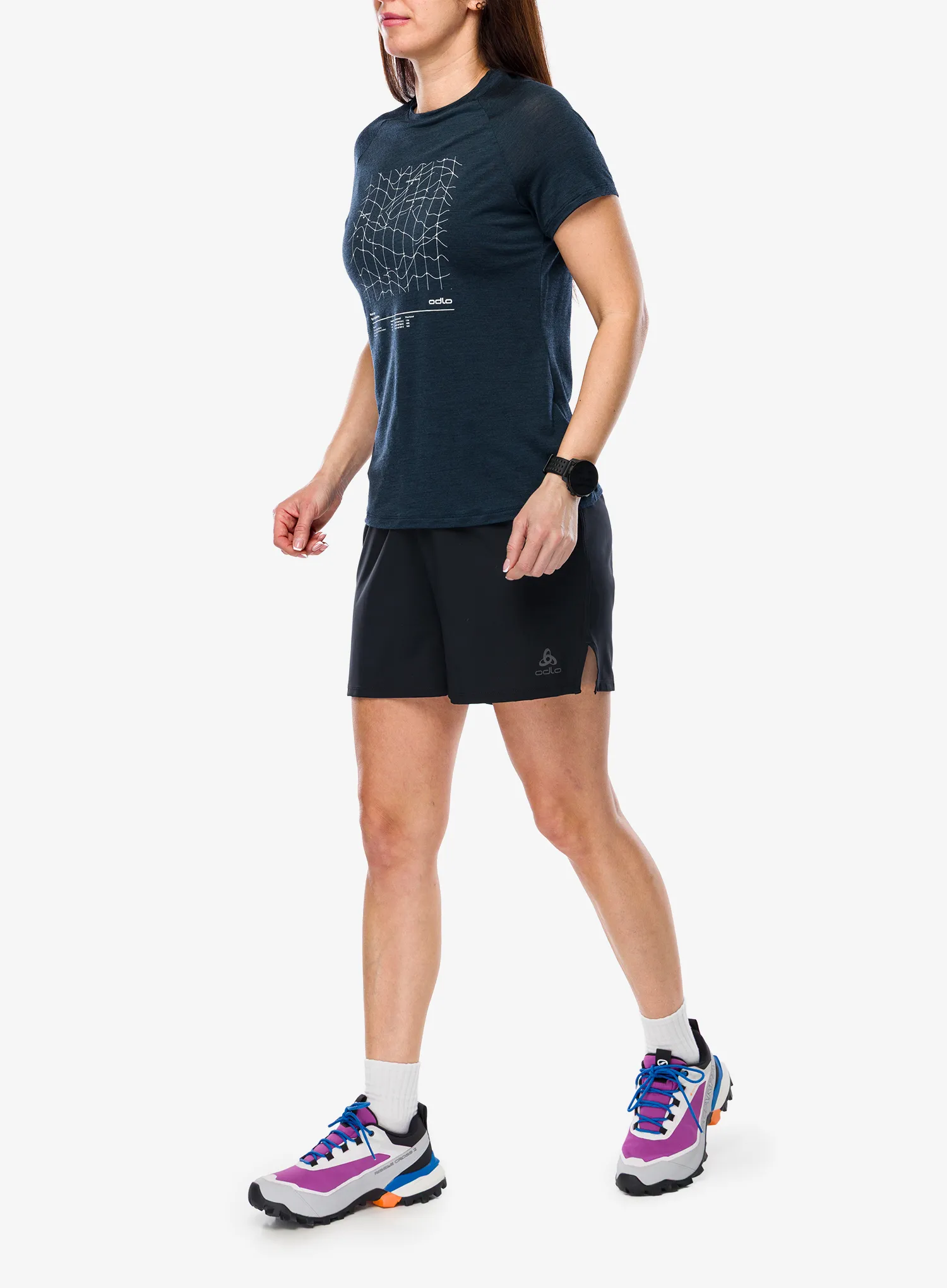 Odlo Merino Tencel Hyper Map Crew Neck S/S Női merino gyapjú póló - dark sapphire melange