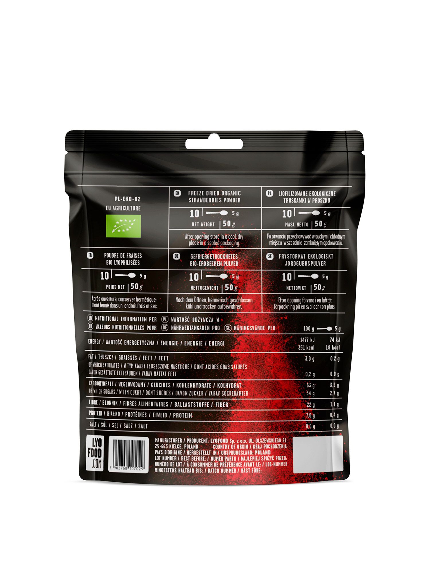 LYOFOOD Szerves eperpor Liofilizált étel, 50 g