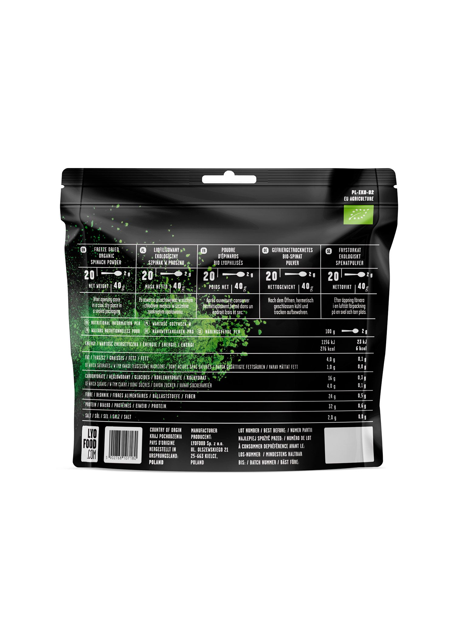 LYOFOOD Szerves spenót por Liofilizált étel, 40 g