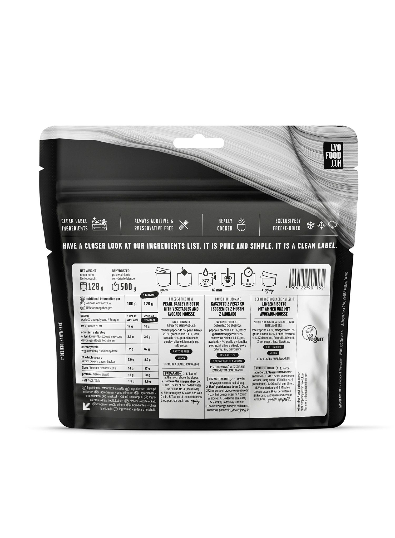 LYOFOOD étel, gyöngyárpa és lencse avokádókrémmel, 500g