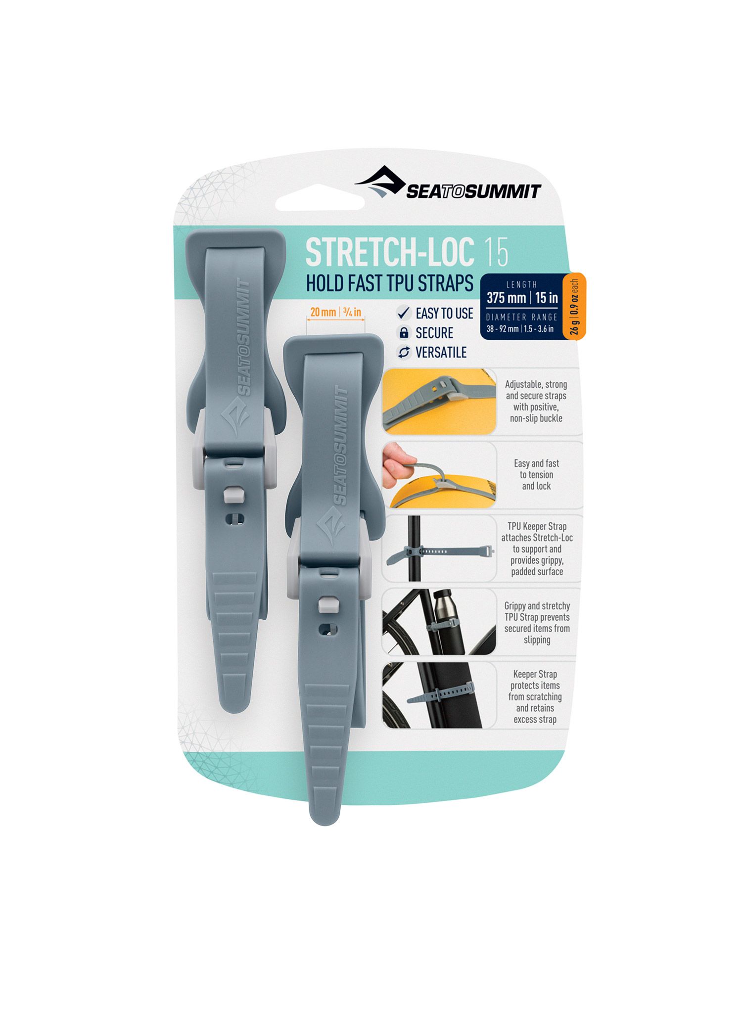 Sea To Summit Stretch-Loc 15 - 20 mm x 375 mm 2 Pack Hevederek - grey